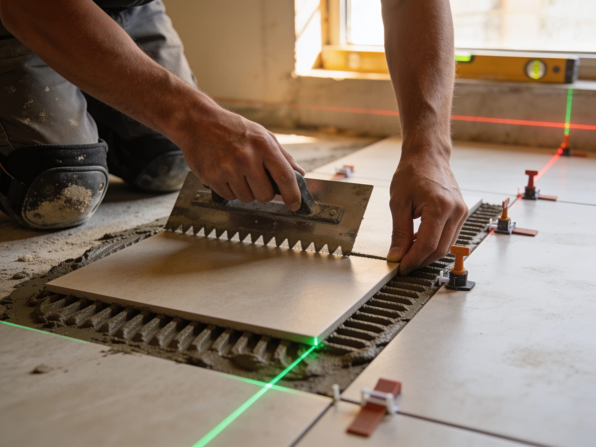 Installer setting a large-format tile into notched thinset with levelling clips