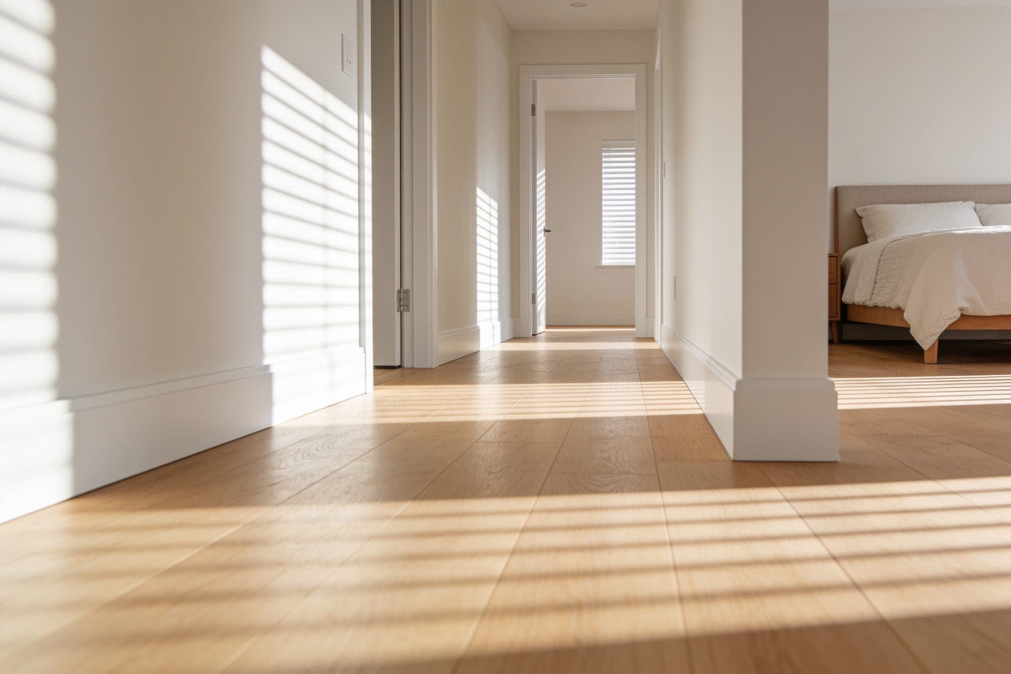 Bright hallway floored in light oak laminate planks