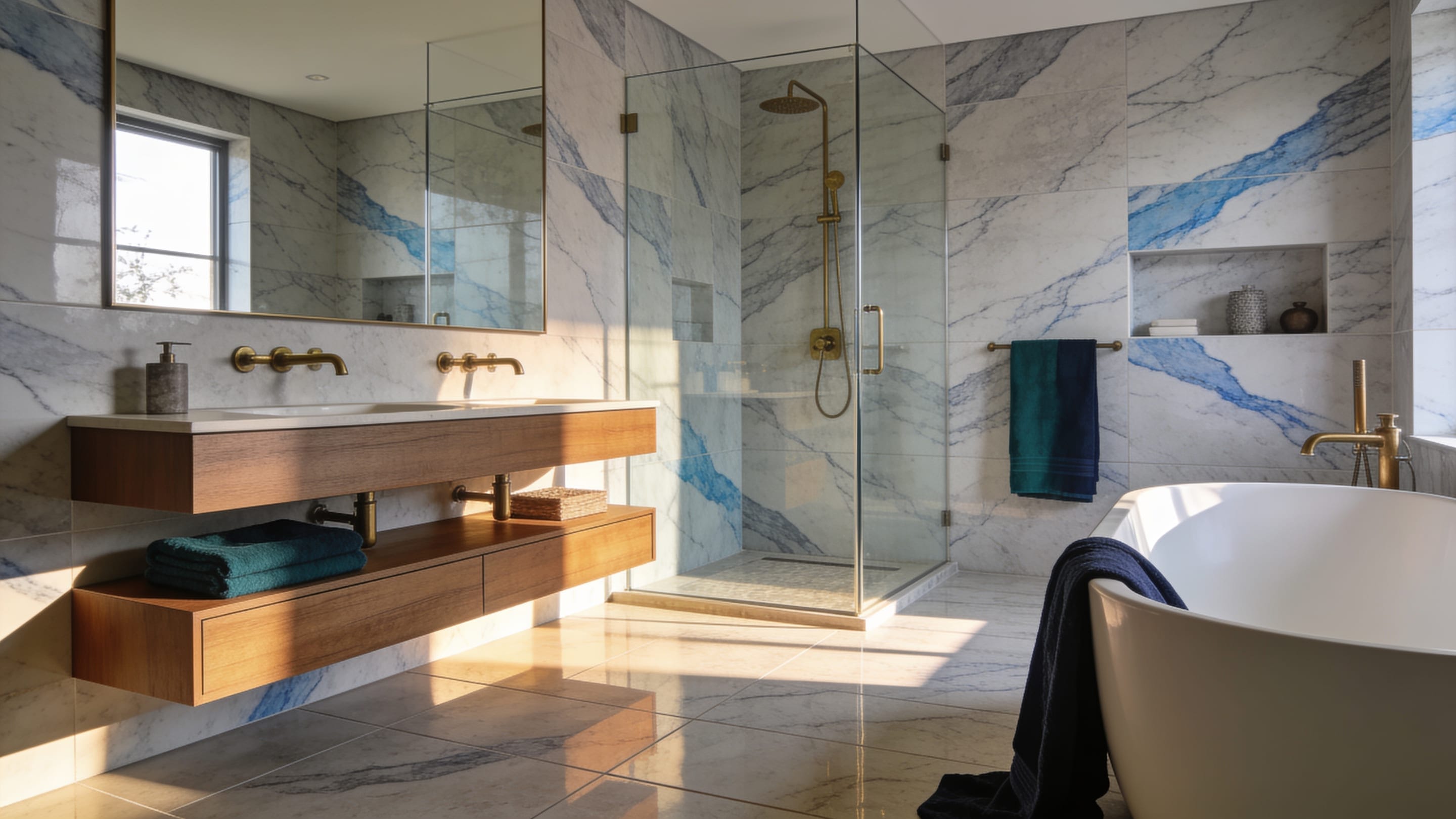 Master bathroom finished in large-format marble-look porcelain by RANJ Tile Solutions